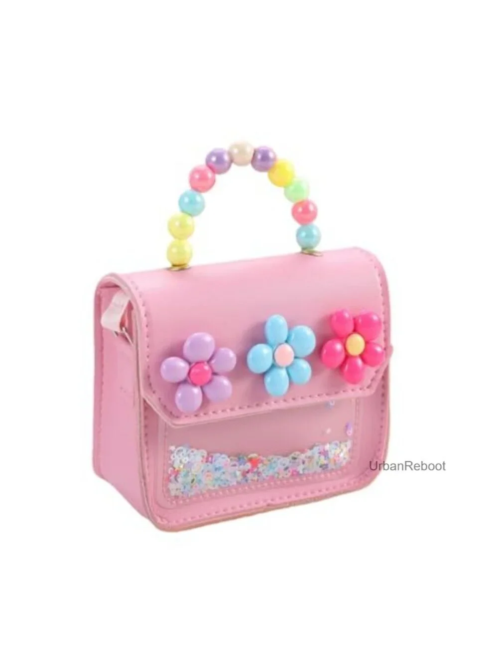 Girls Mini Purse with Flower Decor Sequin Crossbody Bag Beaded Handle
